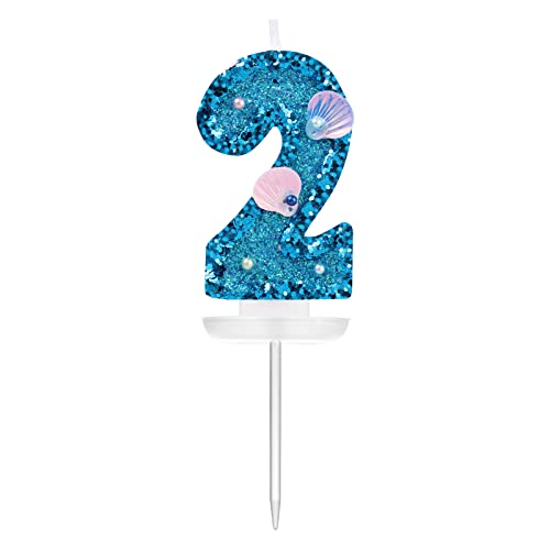 7,5cm Zahlen Geburtstagskerzen für Torte, Blau Muschel Pailletten Zahlenkerzen Glitzer Zahlenkerze Geburtstagskerzen Nummer Cake Topper für Geburtstag Jubiläum Meerjungfrauen Themenparty (2) von SAVITA