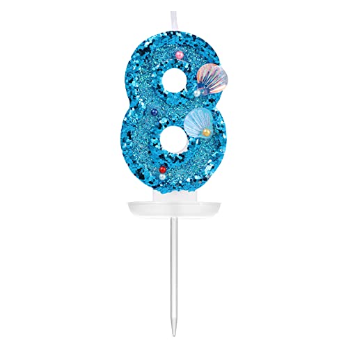 SAVITA 7,5cm Zahlen Geburtstagskerzen für Torte, Blau Muschel Pailletten Zahlenkerzen Glitzer Zahlenkerze Geburtstagskerzen Nummer Cake Topper für Geburtstag Jubiläum Meerjungfrauen Themenparty (8) von SAVITA
