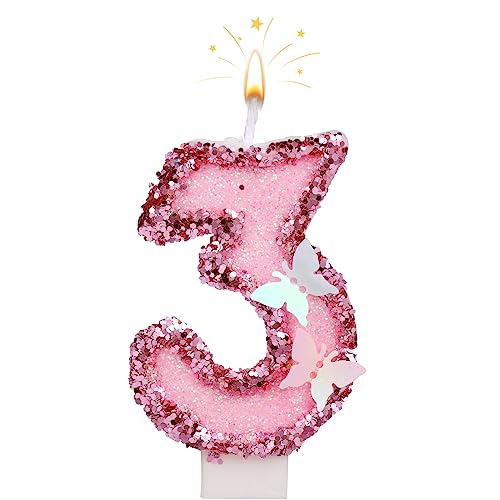 7cm Geburtstag Nummer Kerzen, Glitzernde Zahlenkerze Rosa Zahlenkerzen Kuchenaufsatz Schmetterlings-Geburtstagskerzen mit Pailletten für Jubiläumsfeiern (Nummer 3) von SAVITA