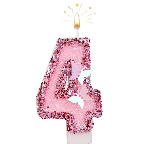 SAVITA 7cm Geburtstag Nummer Kerzen, Glitzernde Zahlenkerze Rosa Zahlenkerzen Kuchenaufsatz Schmetterlings-Geburtstagskerzen mit Pailletten für Jubiläumsfeiern (Nummer 4), (I04001-10) von SAVITA