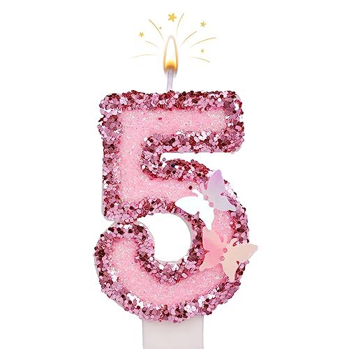 7cm Geburtstag Nummer Kerzen, Glitzernde Zahlenkerze Rosa Zahlenkerzen Kuchenaufsatz Schmetterlings-Geburtstagskerzen mit Pailletten für Jubiläumsfeiern (Nummer 5) von SAVITA