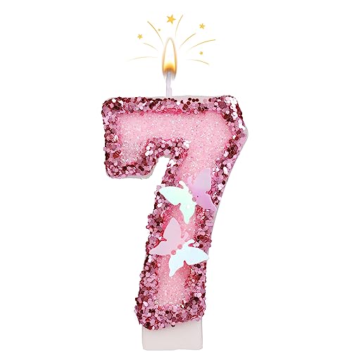 7cm Geburtstag Nummer Kerzen, Glitzernde Zahlenkerze Rosa Zahlenkerzen Kuchenaufsatz Schmetterlings-Geburtstagskerzen mit Pailletten für Jubiläumsfeiern (Nummer 7) von SAVITA