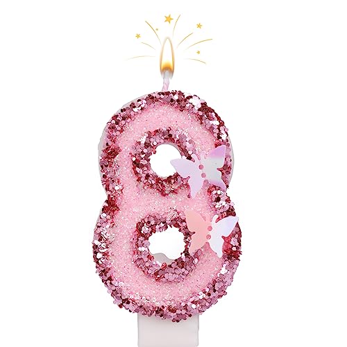 SAVITA 7cm Geburtstag Nummer Kerzen, Glitzernde Zahlenkerze Rosa Zahlenkerzen Kuchenaufsatz Schmetterlings-Geburtstagskerzen mit Pailletten für Jubiläumsfeiern (Nummer 8) von SAVITA