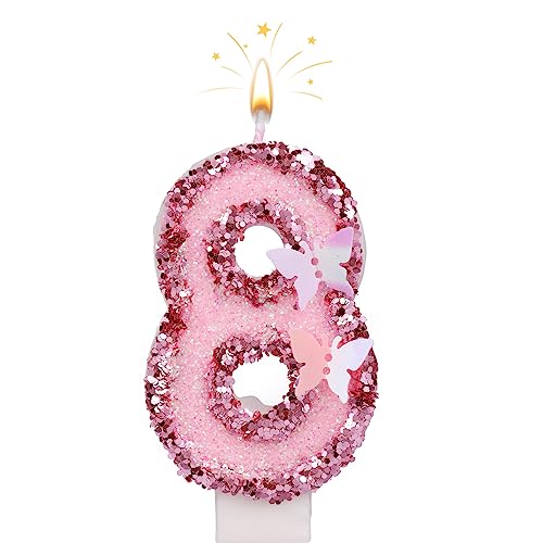 7cm Geburtstag Nummer Kerzen, Glitzernde Zahlenkerze Rosa Zahlenkerzen Kuchenaufsatz Schmetterlings-Geburtstagskerzen mit Pailletten für Jubiläumsfeiern (Nummer 8) von SAVITA