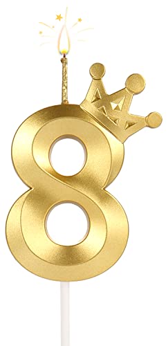 8cm Geburtstagskerzen für Torte, 3D Zahlen Geburtstagskerzen mit Kronendekor Groß Tortenaufsatz Zahlenkerzen für Torte Hochzeit Jubiläum Abschlussfeier Festivalparty (Gold, 8) von SAVITA