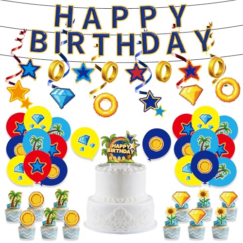Blaue Igel Geburtstagsdekoration, Blauer Igel mit Goldenem Ringdruck Partyzubehör zum Thema Videospiel Einschließlich Banner Ballon Dekorkarte für Mädchen und Jungen Blaue Igel Geburtstagsdekoration, Blauer Igel mit Goldenem Ringdruck Partyzubehör zum Thema Videospiel Einschließlich Banner Ballon Dekorkarte für Mädchen und Jungen von SAVITA