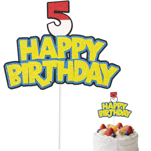 Cartoon-Geburtstagskuchenaufsatz, Glitzernde Rot-Weiße Zahl und Happy Birthday Schild Kuchendekoration Anime-Mottoparty Dekorationszubehör (Nummer 5) von SAVITA