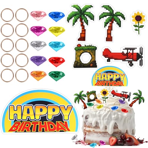 Cartoon-Kuchenaufsatz-Set, Cartoon-Themen-Geburtstagsparty-Dekorationen mit Happy Birthday-Aufsätzen Bäumen Ringen und Bunten Diamanten Ideale Kuchendekorationen und Partyzubehör von SAVITA