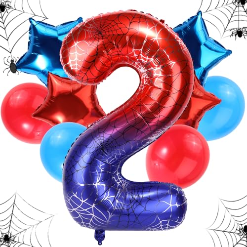 Geburtstagsballon-Set Spinnen, 120cm Großes Riesiges Folienspinnennetz & 4stk Stern- & 4stk Runde Rot-Blaue Ballons Dekorationen Gastgeschenke für Geburtstags-Cartoon-Mottopartys(Zahl 2) von SAVITA