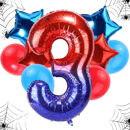 Geburtstagsballon-Set Spinnen, 120cm Großes Riesiges Folienspinnennetz & 4stk Stern- & 4stk Runde Rot-Blaue Ballons Dekorationen Gastgeschenke für Geburtstags-Cartoon-Mottopartys(Zahl 3) von SAVITA