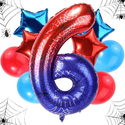 Geburtstagsballon-Set Spinnen, 120cm Großes Riesiges Folienspinnennetz & 4stk Stern- & 4stk Runde Rot-Blaue Ballons Dekorationen Gastgeschenke für Geburtstags-Cartoon-Mottopartys(Zahl 6) von SAVITA