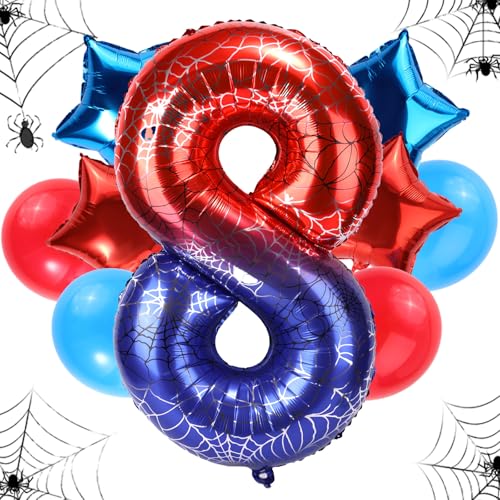 Geburtstagsballon-Set Spinnen, 120cm Großes Riesiges Folienspinnennetz & 4stk Stern- & 4stk Runde Rot-Blaue Ballons Dekorationen Gastgeschenke für Geburtstags-Cartoon-Mottopartys(Zahl 8) von SAVITA