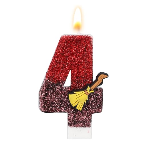 Geburtstagskerze mit Magischem Zaubererthema, Glitzernde Magisches Besen Zahlenkerze mit Pailletten von Zauberern Inspirierter Tortenaufsatz als Dekoration für Kindergeburtstage (Nummer 4) von SAVITA