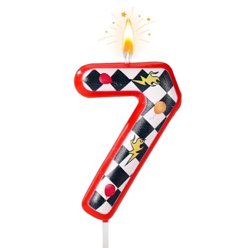 Geburtstagskerze mit Rennsport-Thema, Hochwertige Rot Schwarz Weiß Karierte Zahlenkerze Geeignet für Babyparty Geburtstag Partydekoration mit Rennsport-Thema (Zahl 7) von SAVITA