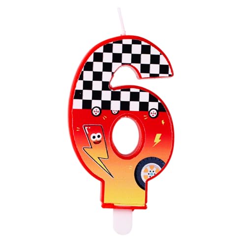 Geburtstagskerze mit Rennsport-Thema, Rot Karierte Zahlenkerze mit Blitz und Autoradmustern für Geburtstagsfeier Babyparty Rennwagen-Mottoparty Dekoration(Nummer 6) von SAVITA