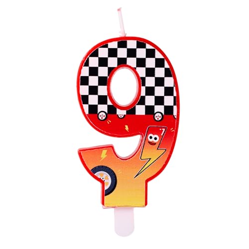 Geburtstagskerze mit Rennsport-Thema, Rot Karierte Zahlenkerze mit Blitz und Autoradmustern für Geburtstagsfeier Babyparty Rennwagen-Mottoparty Dekoration(Nummer 9) von SAVITA