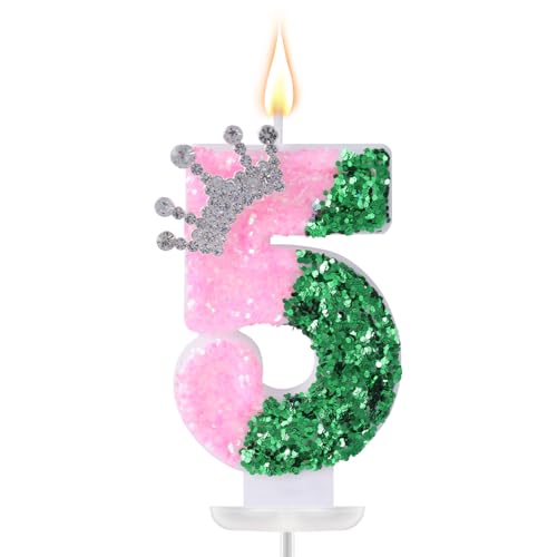 Geburtstagszahlenkerzen, Rosa und Grüne Kronenzahlenkerze Kreative Rosa-Grüne Kuchendekorationen für Geburtstags- Hochzeits- und Jubiläumsdekor (Zahl 5) von SAVITA