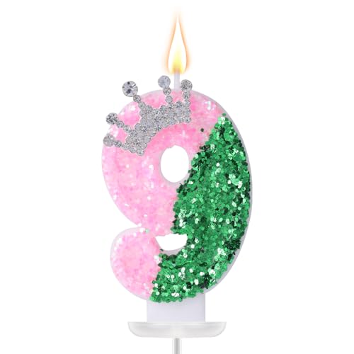 Geburtstagszahlenkerzen, Rosa und Grüne Kronenzahlenkerze Kreative Rosa-Grüne Kuchendekorationen für Geburtstags- Hochzeits- und Jubiläumsdekor (Zahl 9) von SAVITA