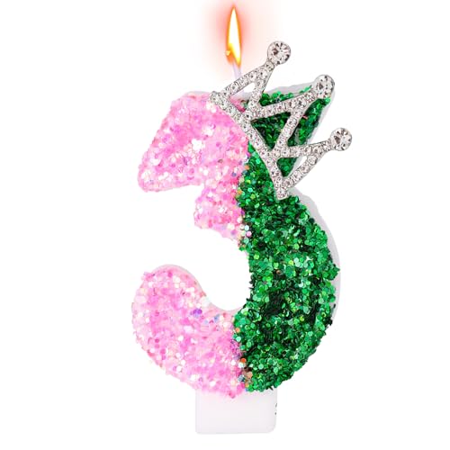Pink und Grün Geburtstagskerze, Glitzernde Hexe Zahlkerze mit Krone Deko Tortenaufsatz für Geburtstag Hexenparty Jubiläum (Zahl 3) von SAVITA