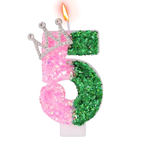 Pink und Grün Geburtstagskerze, Glitzernde Hexe Zahlkerze mit Krone Deko Tortenaufsatz für Geburtstag Hexenparty Jubiläum (Zahl 5) von SAVITA