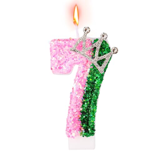 Pink und Grün Geburtstagskerze, Glitzernde Hexe Zahlkerze mit Krone Deko Tortenaufsatz für Geburtstag Hexenparty Jubiläum (Zahl 7) von SAVITA