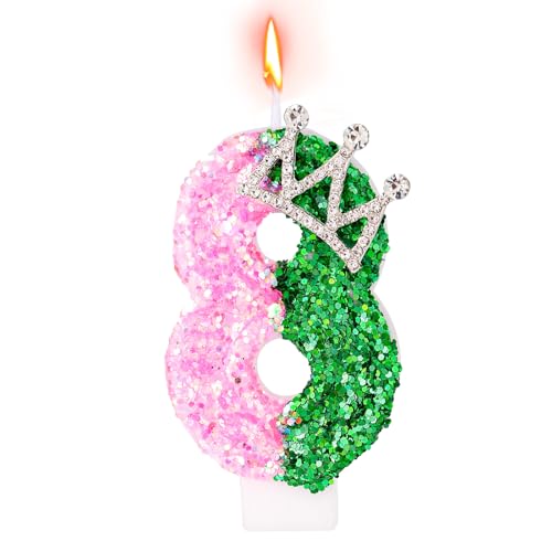 Pink und Grün Geburtstagskerze, Glitzernde Hexe Zahlkerze mit Krone Deko Tortenaufsatz für Geburtstag Hexenparty Jubiläum (Zahl 8) von SAVITA