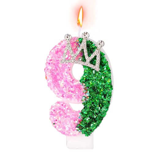 Pink und Grün Geburtstagskerze, Glitzernde Hexe Zahlkerze mit Krone Deko Tortenaufsatz für Geburtstag Hexenparty Jubiläum (Zahl 9) von SAVITA