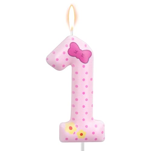 Rosa Schleife Zahlen-Geburtstagskerzen, Gepunktete Kerzen Cartoon-Katze Geburtstag Deko Kuchenkerze Topper für Mädchen Damen Hochzeit Jubiläum Partybedarf (Nummer 1) von SAVITA