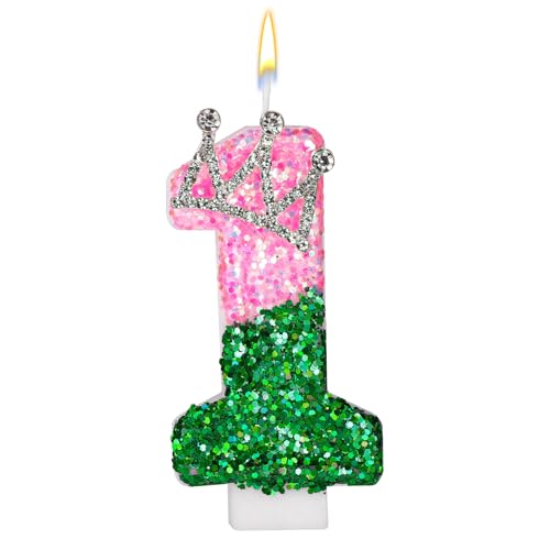 Rosa und Grüne Geburtstagskerze, Rosa und Grüne Pailletten Zahlenkerze mit Strass-Kronenverzierung für Geburtstagsfeier Hochzeit Jubiläum Dekoration(Nummer 1) von SAVITA