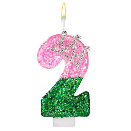 Rosa und Grüne Geburtstagskerze, Rosa und Grüne Pailletten Zahlenkerze mit Strass-Kronenverzierung für Geburtstagsfeier Hochzeit Jubiläum Dekoration(Nummer 2) von SAVITA
