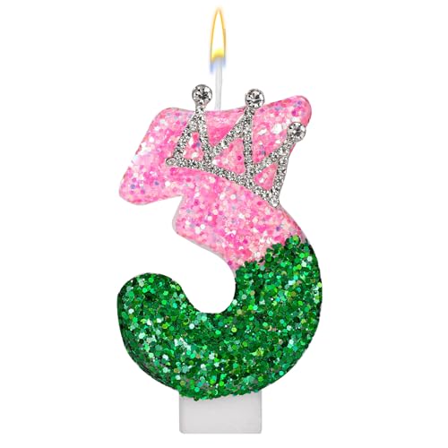 Rosa und Grüne Geburtstagskerze, Rosa und Grüne Pailletten Zahlenkerze mit Strass-Kronenverzierung für Geburtstagsfeier Hochzeit Jubiläum Dekoration(Nummer 3) von SAVITA