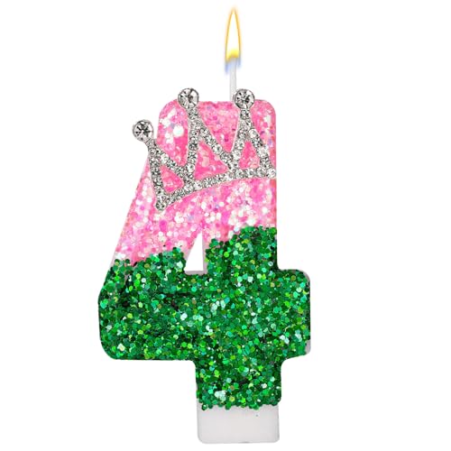 Rosa und Grüne Geburtstagskerze, Rosa und Grüne Pailletten Zahlenkerze mit Strass-Kronenverzierung für Geburtstagsfeier Hochzeit Jubiläum Dekoration(Nummer 4) von SAVITA