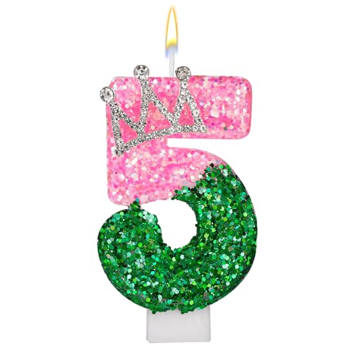 Rosa und Grüne Geburtstagskerze, Rosa und Grüne Pailletten Zahlenkerze mit Strass-Kronenverzierung für Geburtstagsfeier Hochzeit Jubiläum Dekoration(Nummer 5) von SAVITA