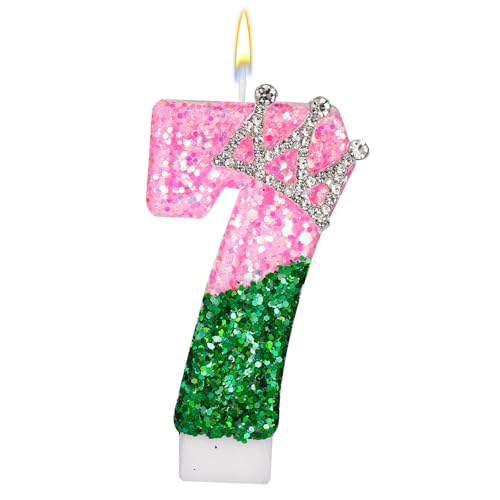 Rosa und Grüne Geburtstagskerze, Rosa und Grüne Pailletten Zahlenkerze mit Strass-Kronenverzierung für Geburtstagsfeier Hochzeit Jubiläum Dekoration(Nummer 7) von SAVITA