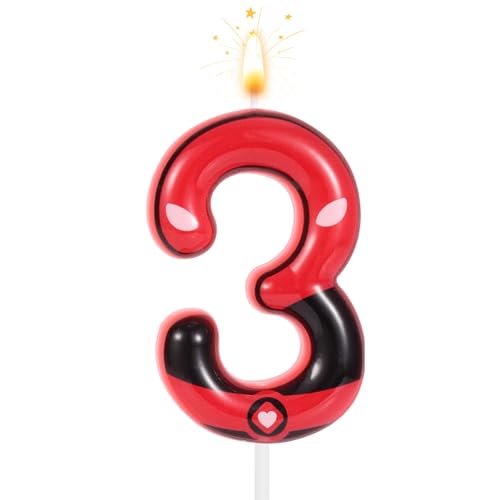 Rot Schwarz Geburtstagszahl Kerzen, 5,9cm Comic Held Thema Kuchen Topper Cartoon Happy Birthday Party Dekorationen für Jungen Mädchen Kinder Comic Liebhaber Geschenke Themenparty Zubehör (3) von SAVITA