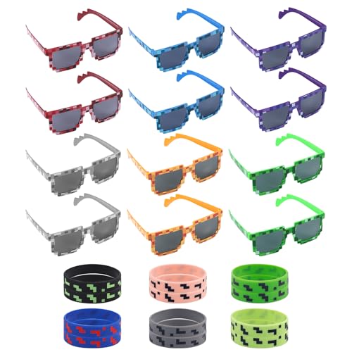 SAVITA 12 Stück Pixel-Sonnenbrillen mit 12 Armbändern, Bunte Accessoires Silikonbänder für Kinder Erwachsene Pixel-Party Geburtstage Spielevents von SAVITA