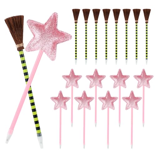 SAVITA 16stk Prinzessinnen und Hexen Partygeschenke, Inklusive 8stk Rosa Prinzessinnen Stern Kugelschreiberr 8stk Grün-Schwarz Gestreiften Hexenbesen Kugelschreiber für Halloween Party Fans Geschenk von SAVITA