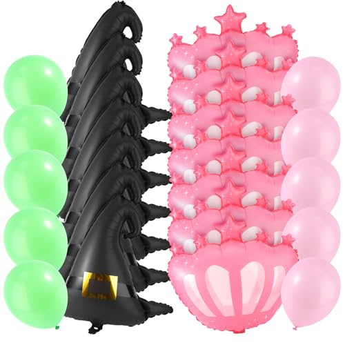 SAVITA 24stk Hexenparty-Dekorationen, 7stk Schwarze Hexenhüte 7stk Rosa Prinzessinnenkronen-Luftballons aus Aluminiumfolie mit 10stk Runden Luftballons Partygeschenke Dekorationen Thema Geburtstag von SAVITA