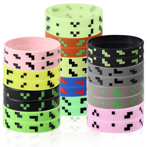 SAVITA 26stk Pixel Party Mitgebsel, 2 Musterstile 13 Farben Silikonarmbänder Kinder mit Pixel-Thema Leuchtende Armbänder für Motto Kindergeburtstags Dekoration Zubehör(Leuchtend 8, Normal 18) von SAVITA