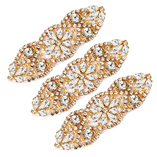 SAVITA 3 Stück Strass Applikationen, 9,5 x 3 cm Strass Aufnäher zum Aufbügeln, Bling Rhinestone Applique, Strassapplikationen Hochzeit für Braut Kleidung Gürtel Kleid (Gold) von SAVITA