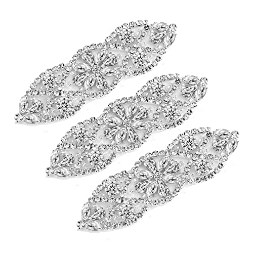 SAVITA 3 Stück Strass Applikationen, 9,5 x 3 cm Strass Aufnäher zum Aufbügeln, Bling Rhinestone Applique, Strassapplikationen Hochzeit für Braut Kleidung Gürtel Kleid (Silber) von SAVITA