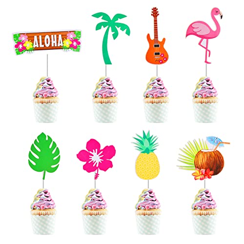 SAVITA 32 Stück Cupcake Topper Sommer, Tropische Hawaii Cupcake Topper Ananas Palmblatt Kokosnuss Aloha Flamingo Kuchen Topper Dekorationen für Sommerparty Luau Poolparty von SAVITA