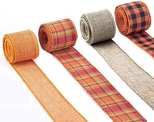 SAVITA 4 Rollen 6m Orange Kariertes Sackleinenband mit Draht Buffalo Plaid Ribbon, Webband mit Drahtkante zum Verpacken von Geschenken, Basteln, Blumenbögen, Weihnachten, Thanksgiving-Dekorationen von SAVITA