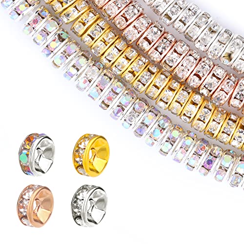SAVITA 400 Stück 8mm Rondelle Perlen Strass Kristall Loose Round Spacer Perlen Dekorationen für Armband Halskette Schmuck (Silber, Gold, Roségold, Laser Bunt) von SAVITA