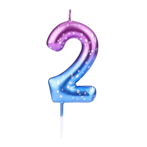 SAVITA 6cm Zahl Geburtstagskerze, Zahlenkerze Lila bis Blauer Farbverlauf Glitzer Kuchenaufsatz für Geburtstagsfeier Jubiläum Hochzeit (Nummer 2) von SAVITA