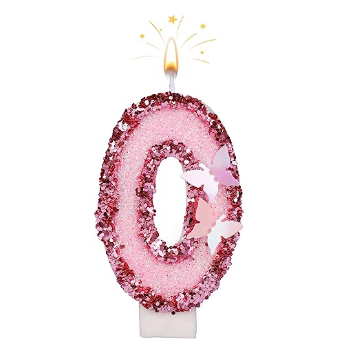 7cm Geburtstag Nummer Kerzen, Glitzernde Zahlenkerze Rosa Zahlenkerzen Kuchenaufsatz Schmetterlings-Geburtstagskerzen mit Pailletten für Jubiläumsfeiern (Nummer 0) von SAVITA