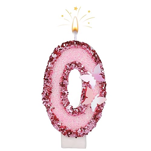 SAVITA 7cm Geburtstag Nummer Kerzen, Glitzernde Zahlenkerze Rosa Zahlenkerzen Kuchenaufsatz Schmetterlings-Geburtstagskerzen mit Pailletten für Jubiläumsfeiern (Nummer 0), (I04001-10) von SAVITA