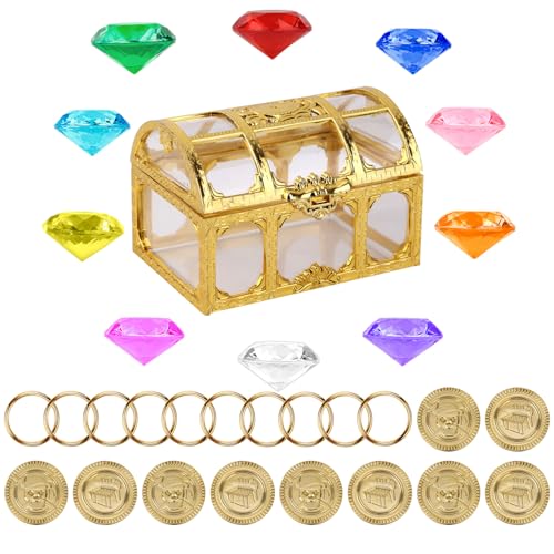 SAVITA Chaos Emeralds Schatzset, Inklusive 10stk Diamant-Edelsteinen 10 Goldenen Power-Ringen und 10 Goldmünzen mit Schatztruhe für Kinderpartys Kuchendekorationen Juwelenjagdspiele von SAVITA