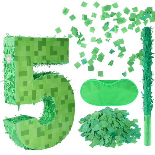 Zahlen-Mini-Pixel-Piñata, Grüne Pixel-Geburtstagsparty-Dekorationen mit Stab Augenbinde Konfetti Piñata-Party-Set für Geburtstagsparty-Dekorationen (5) von SAVITA