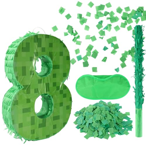 Zahlen-Mini-Pixel-Piñata, Grüne Pixel-Geburtstagsparty-Dekorationen mit Stab Augenbinde Konfetti Piñata-Party-Set für Geburtstagsparty-Dekorationen (8) von SAVITA
